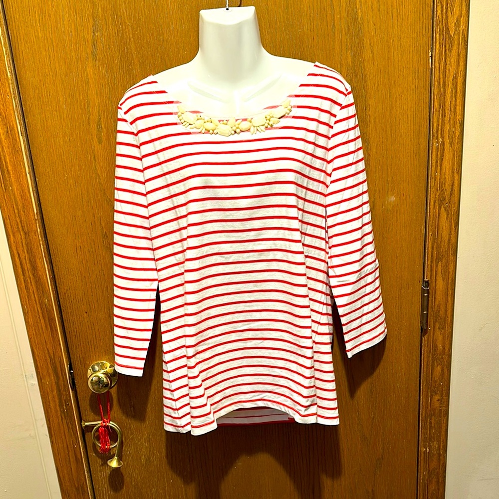 Banana Republic Red and White Long Sleeve Tee beaded xl new with tags
